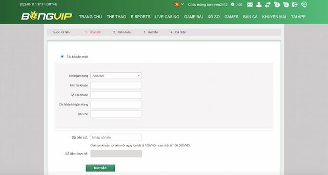 Hướng dẫn rút tiền Bongvip